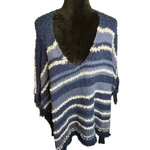 Free People Poncho Sweater With Fringe‎  Shades Of Blue One Size